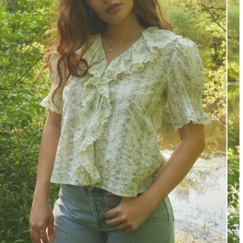 Fewmoda Sorella Sora 100% Cotton Top Floral Lace Ruffle Puff Sleeve Cream XL NEW